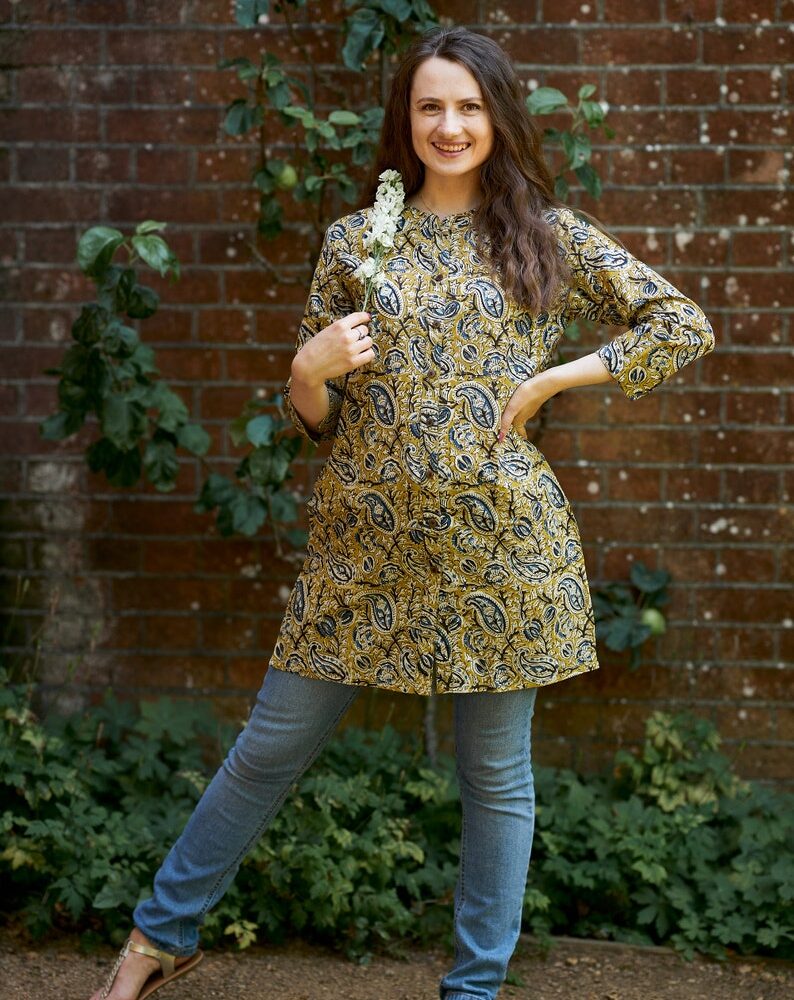 Hera-Tunic Shirt,Pure Cotton,Hand Block Printed,Bohemian,Casual-Occasional,Holiday,Spring-Summer,Yellow,Blue,Handcrafted,Ethical Fashion