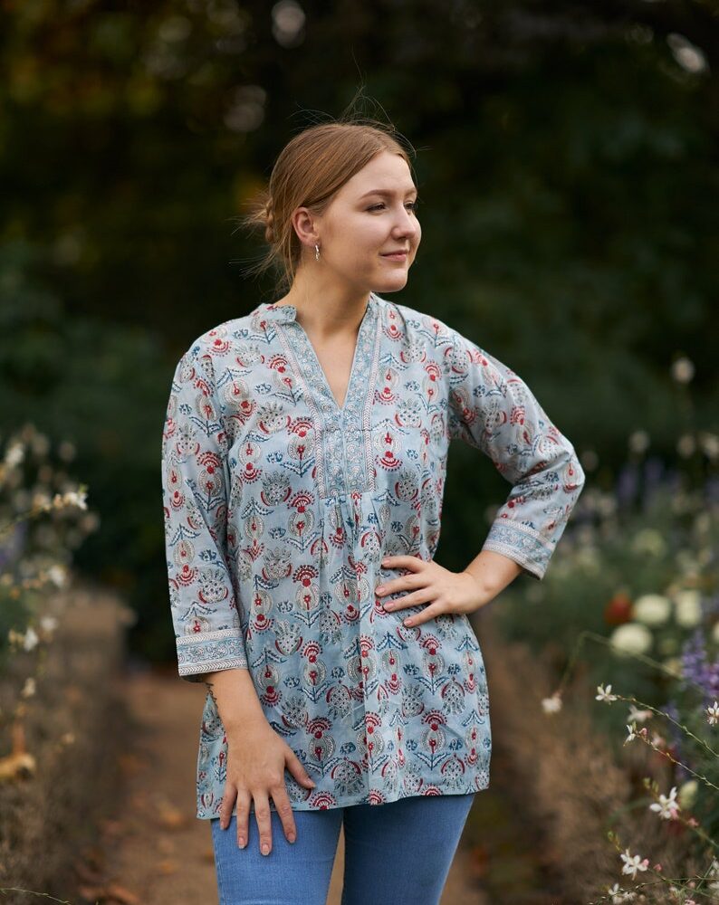 New Lisette Tunic Shirt,Pure Cotton,Hand Block Printed,Holiday,Casual,Blue,Red,Bohemian,Floral,Ethical Fashion,Handcrafted,Summer