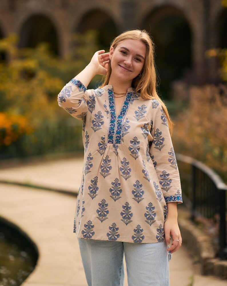 New Bluebell Tunic Shirt,Pure Cotton,Hand Block Printed,Holiday,Casual,Beige,Blue,Bohemian,Floral,Ethical Fashion,Handcrafted,Spring,Summer