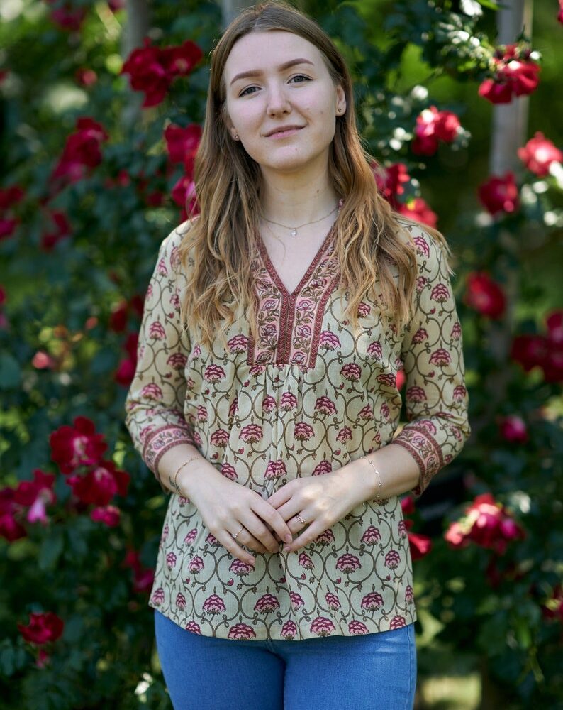 New Vanessa Tunic Shirt,Pure Cotton,Hand Block Printed,Holiday,Casual,Yellow,Pink,Bohemian,Floral,Ethical Fashion,Handcrafted,Summer